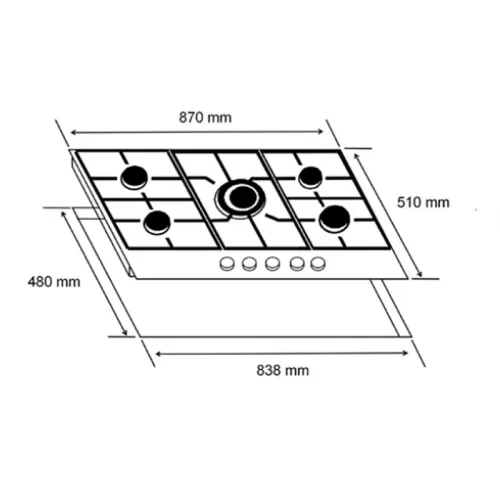 Alva 5 Burner Gas Hob on Glass GDH201 Measurements