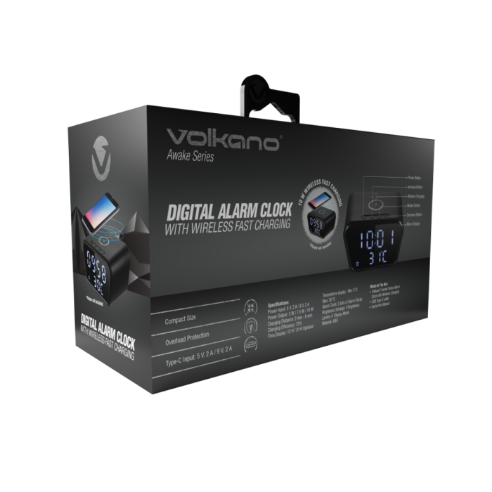 Volkano Awake Series Alarm Clock with Wireless Charging (Black) - VK-8250-BK - Image 2